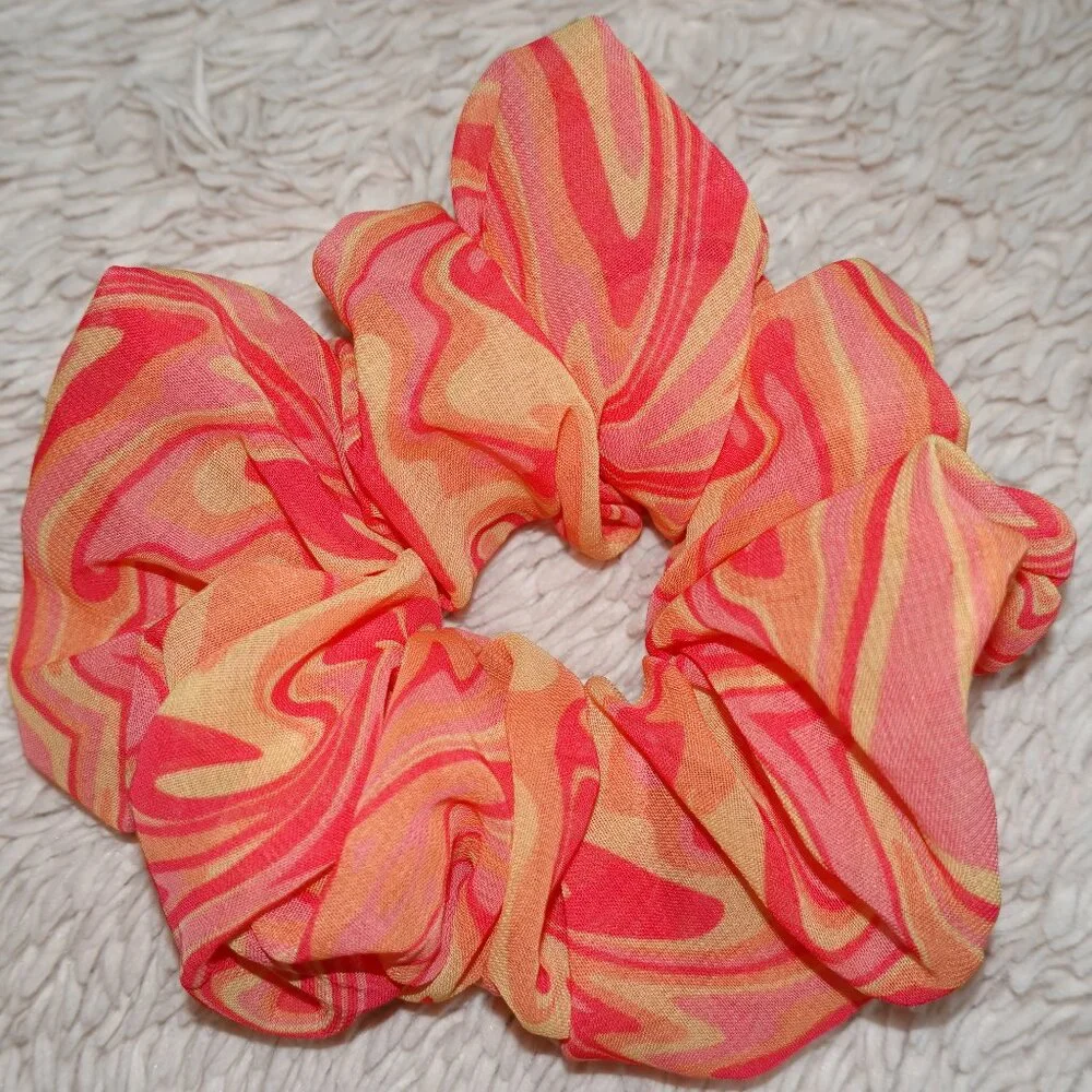 Giant Orange Pink Yellow Swirl Silky Hair Scrunchie, Like New